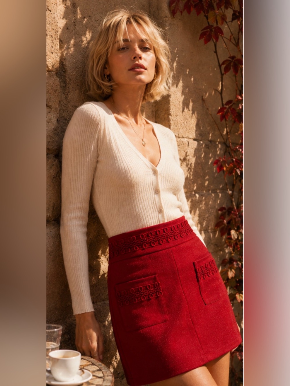 NWT For Love & Lemons Red Soutache Embroidered Pocket Mini Skirt Size M